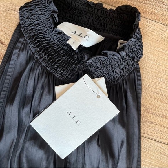 NWT ALC Size 0 Cody Solid Black A-line Dress Smocked Halter Sharkbite Hem $525 - Picture 6 of 6